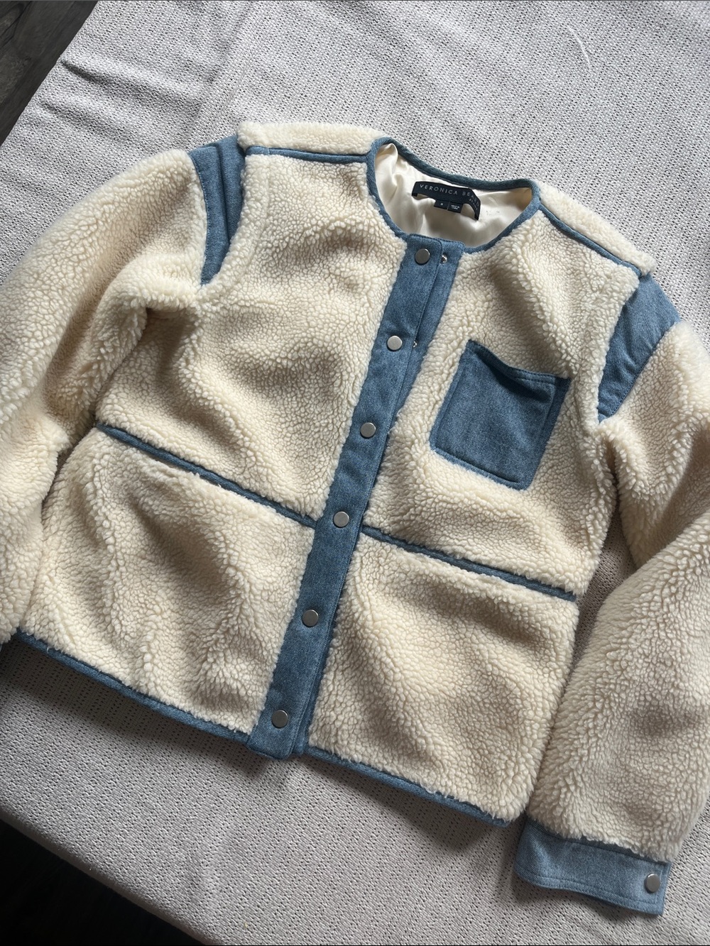 Veronica Beard Cream Sherpa Jacket with Blue Denim Trim Accents